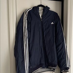 Adidas Men's Dark Blue Windbreaker with White Stripes